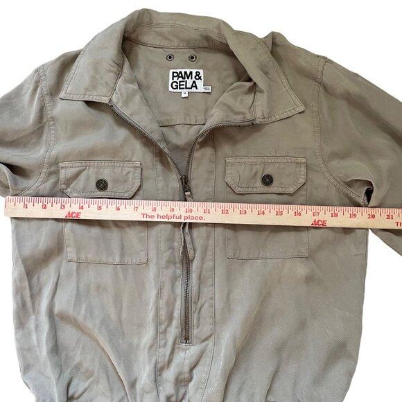 Pam & Gela Womens Long Sleeve Utility Romper Drawstring Waist Medium Lyocell Bei - Picture 8 of 11